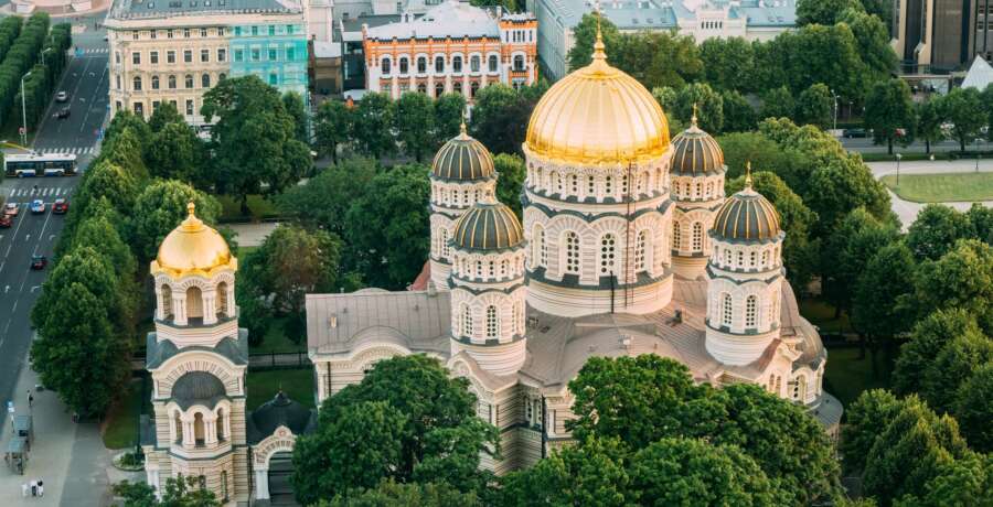 Riga, Latvia. Riga Cityscape. Top View Of Riga Nativity Of Chris