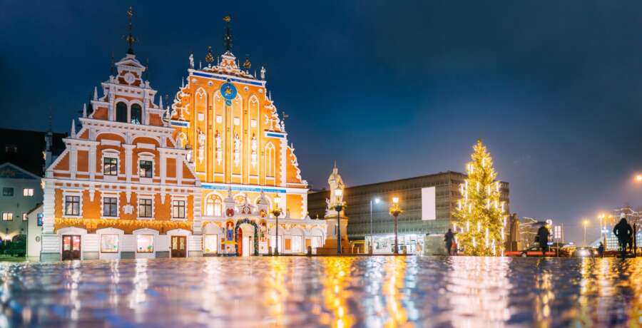 Riga, Latvia. Town Hall Square, Popular Place With Famous Landma